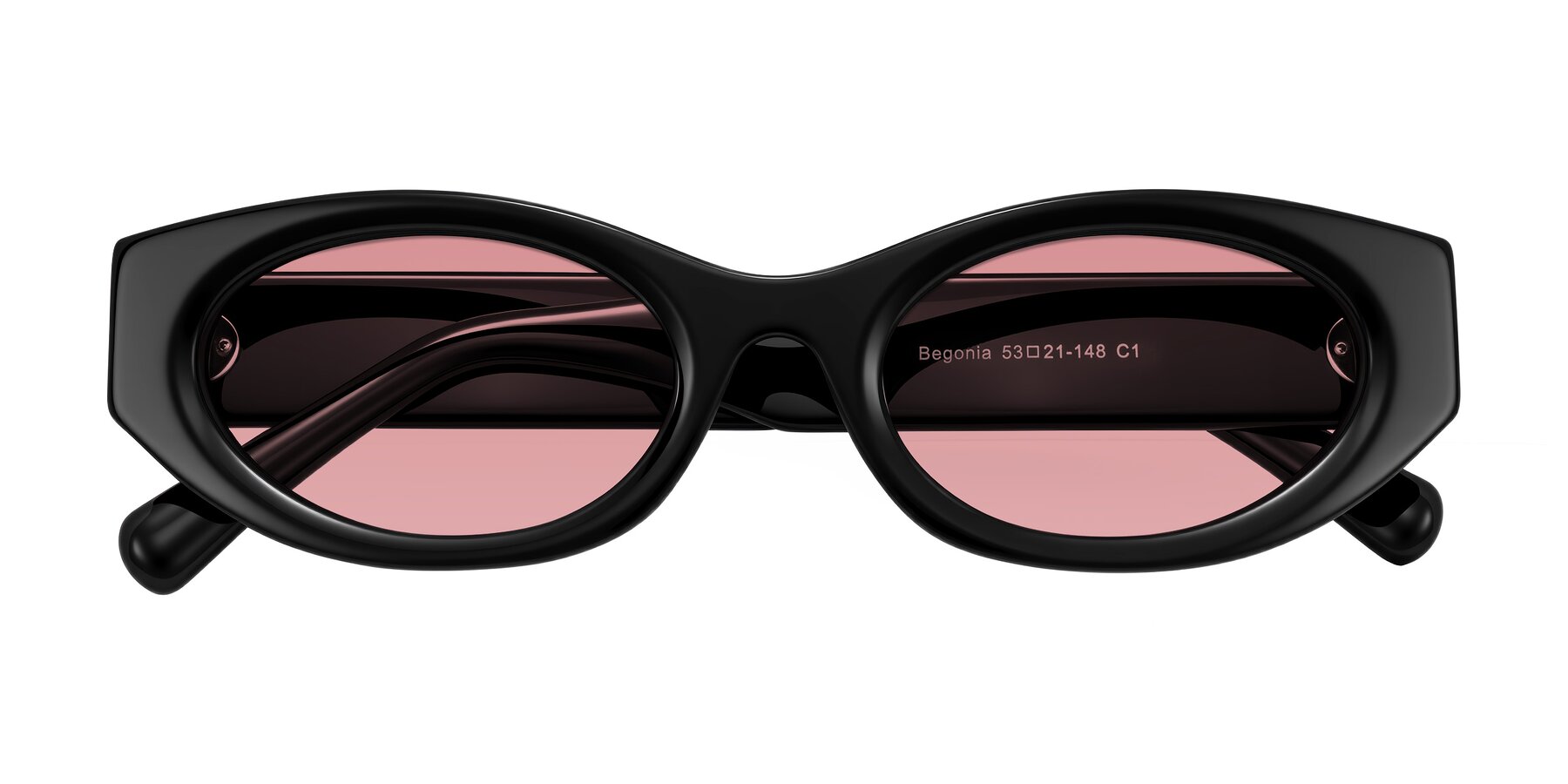Folded Front of Begonia in Black with Medium Garnet Tinted Lenses