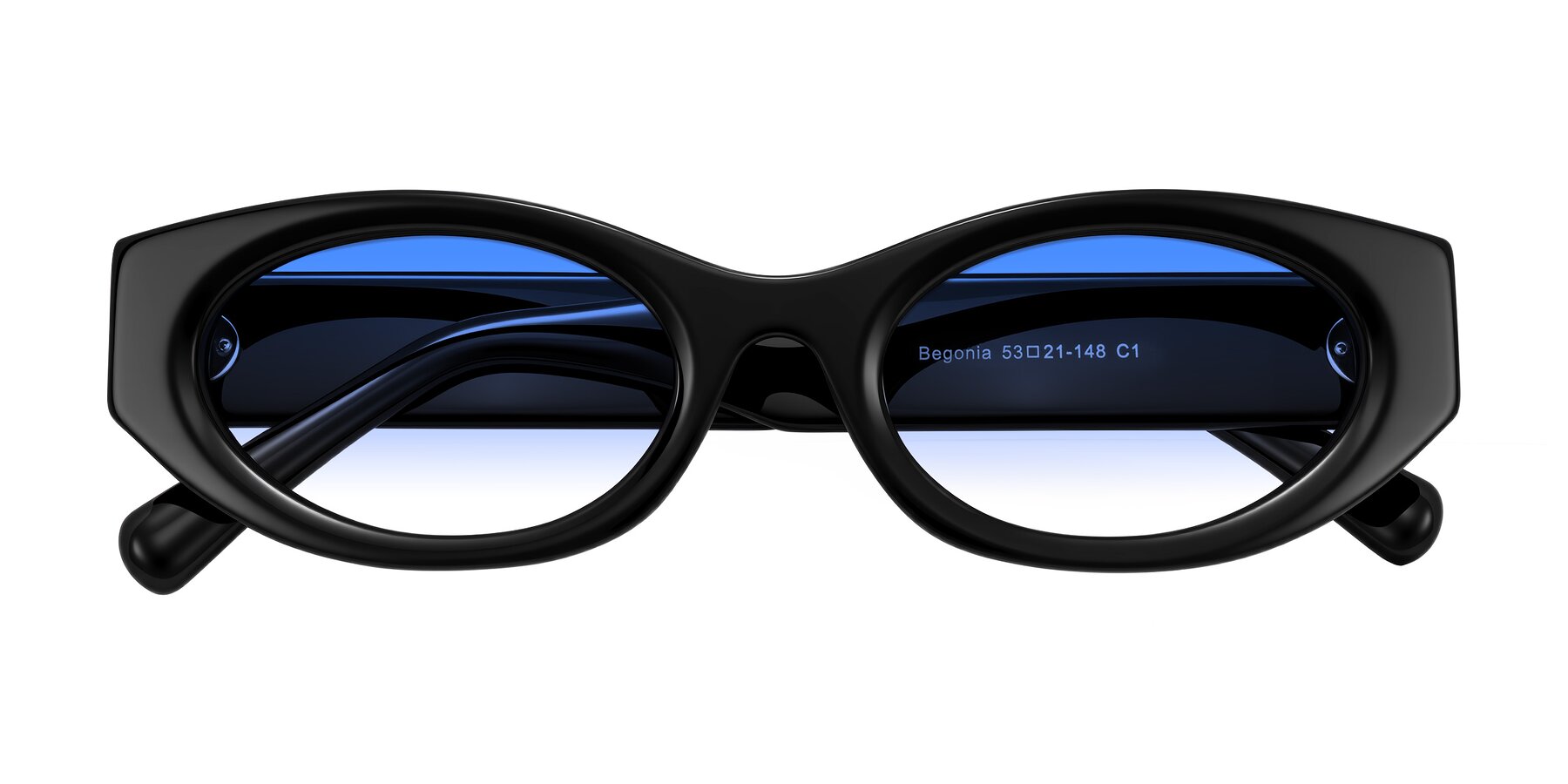 Folded Front of Begonia in Black with Blue Gradient Lenses