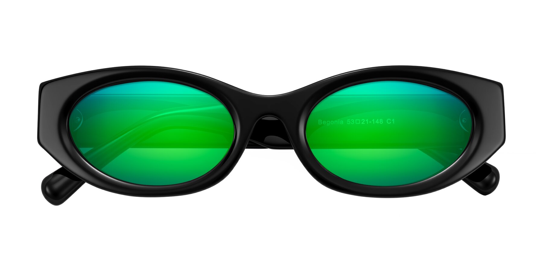 Folded Front of Begonia in Black with Green Mirrored Lenses