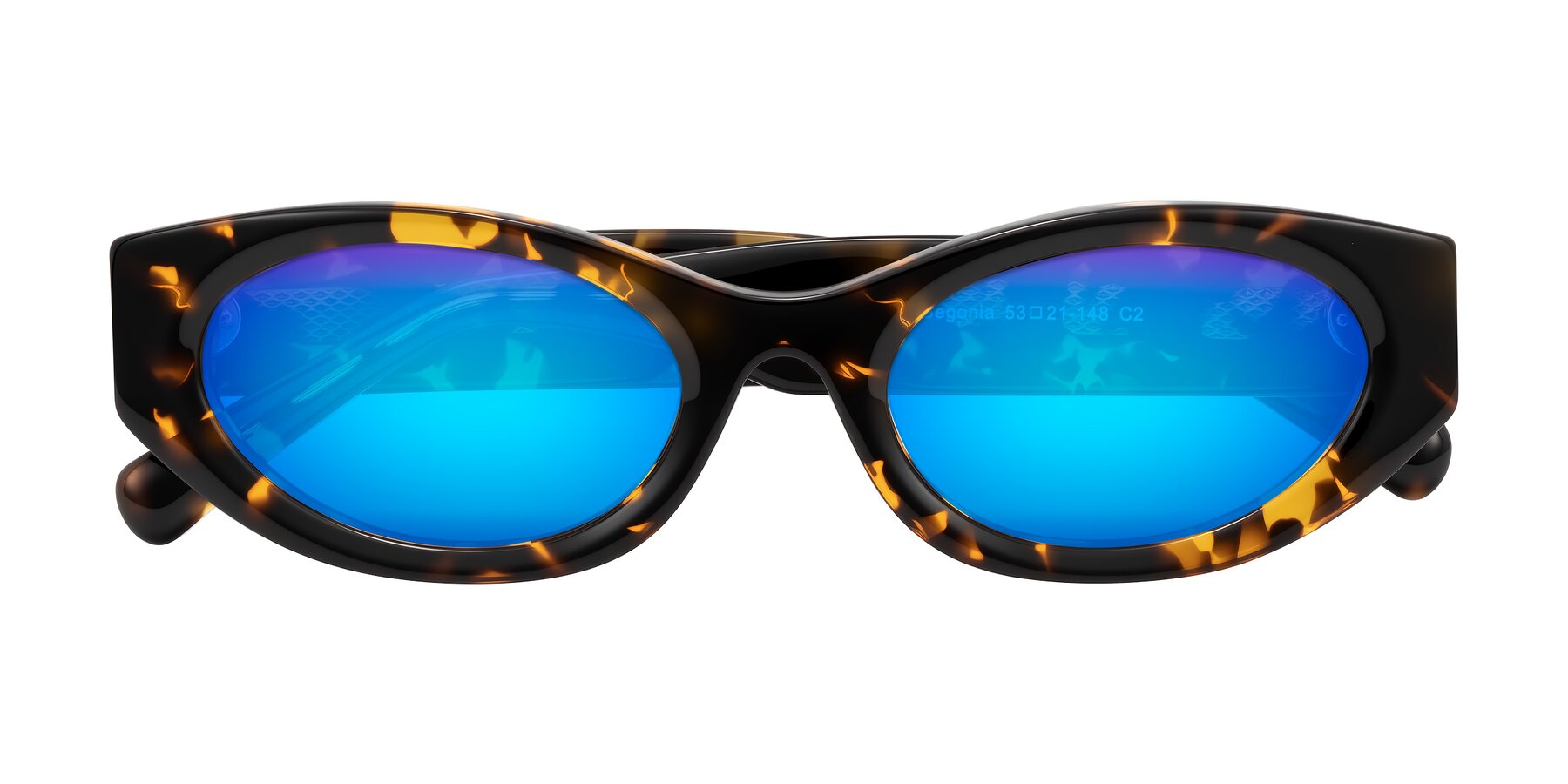 Folded Front of Begonia in Tortoise with Blue Mirrored Lenses