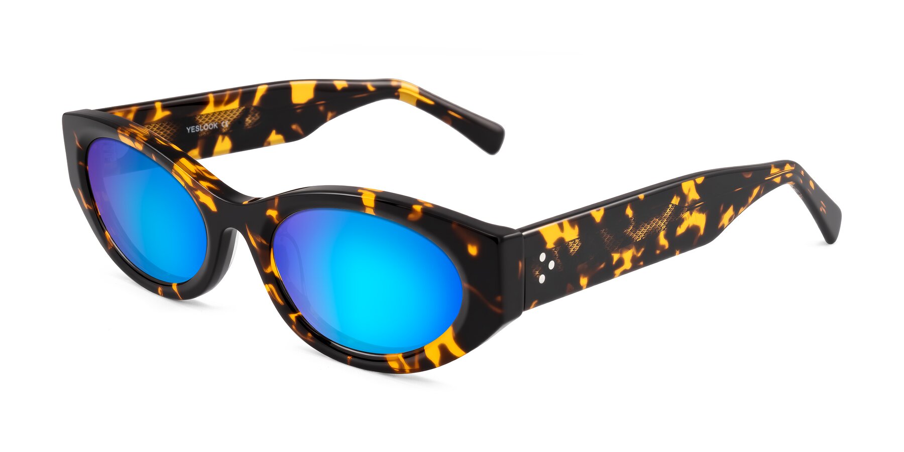 Angle of Begonia in Tortoise with Blue Mirrored Lenses