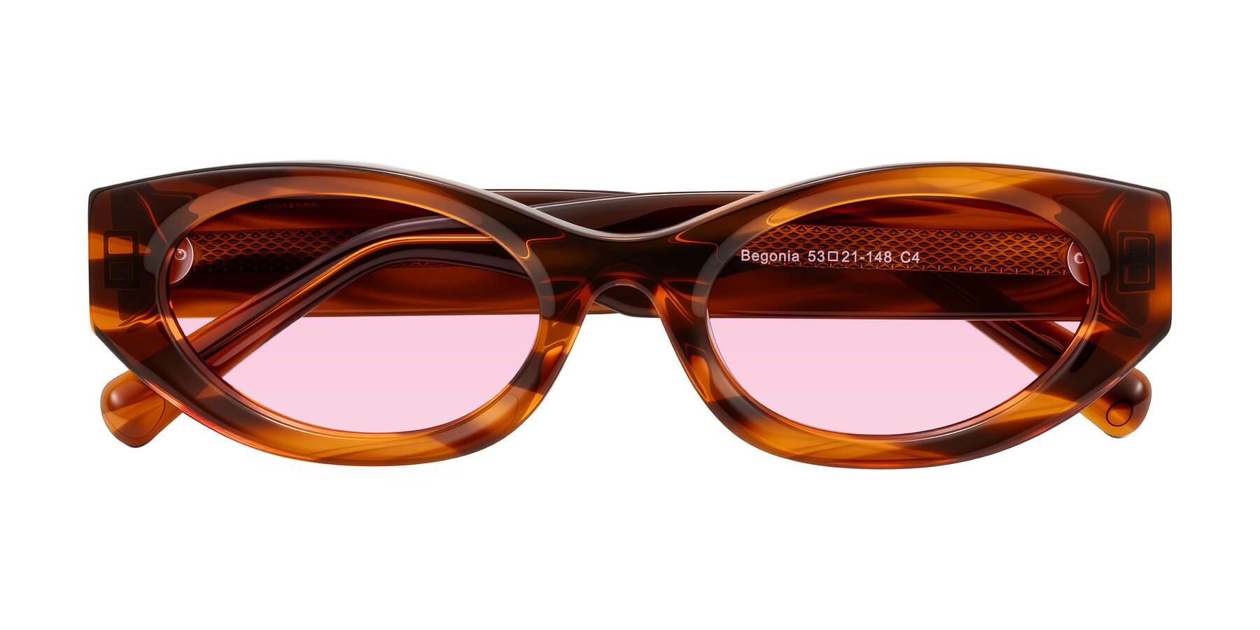 Folded Front of Begonia in Amber Striped with Light Pink Tinted Lenses