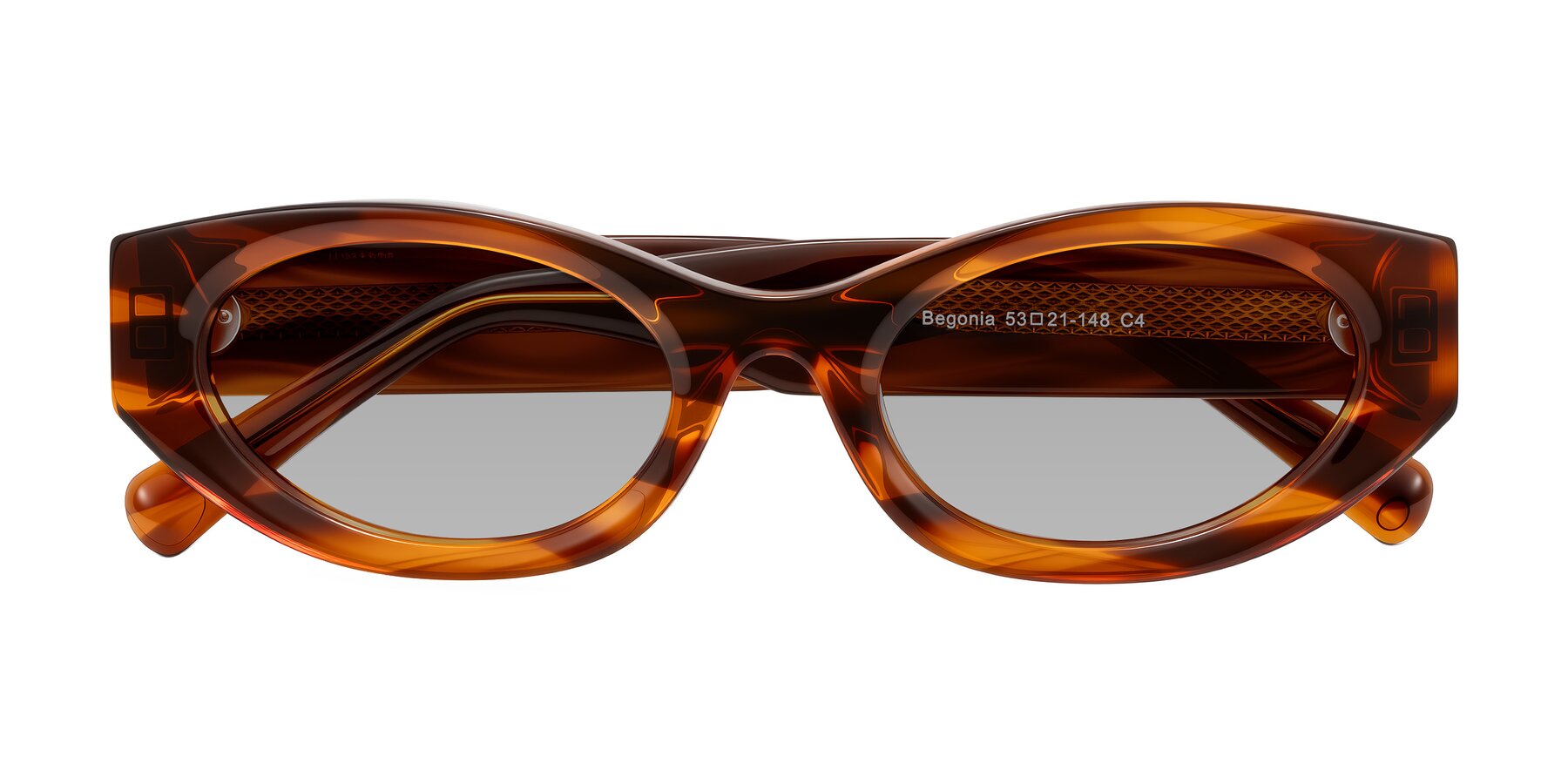 Folded Front of Begonia in Amber Striped with Light Gray Tinted Lenses