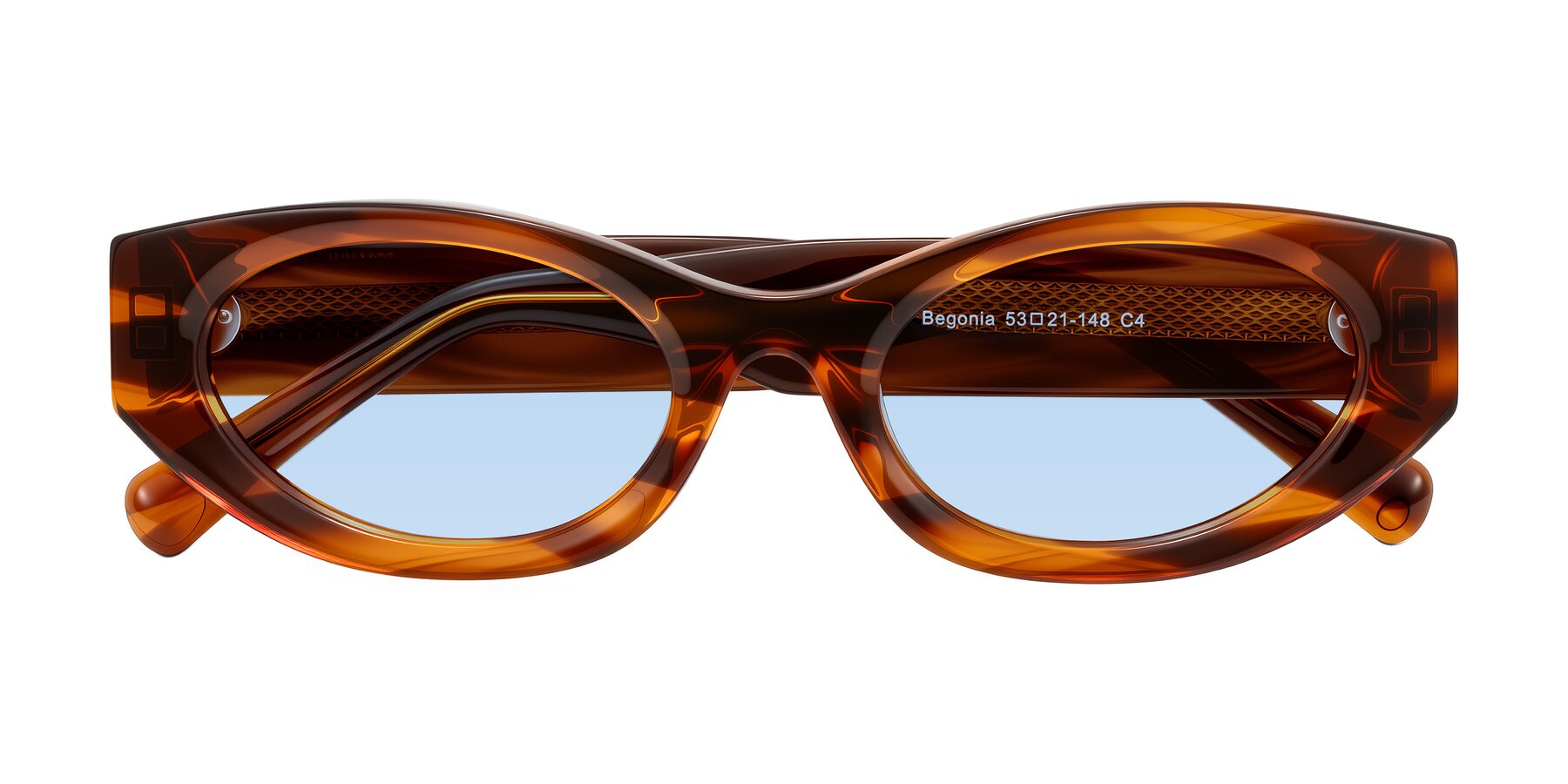 Folded Front of Begonia in Amber Striped with Light Blue Tinted Lenses