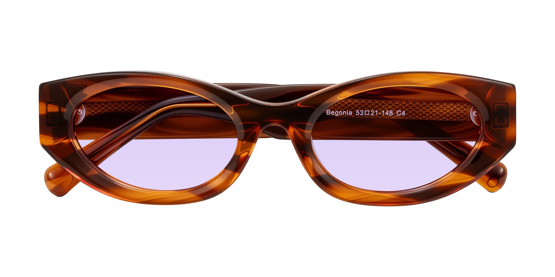 Folded Front of Begonia in Amber Striped with Light Purple Tinted Lenses