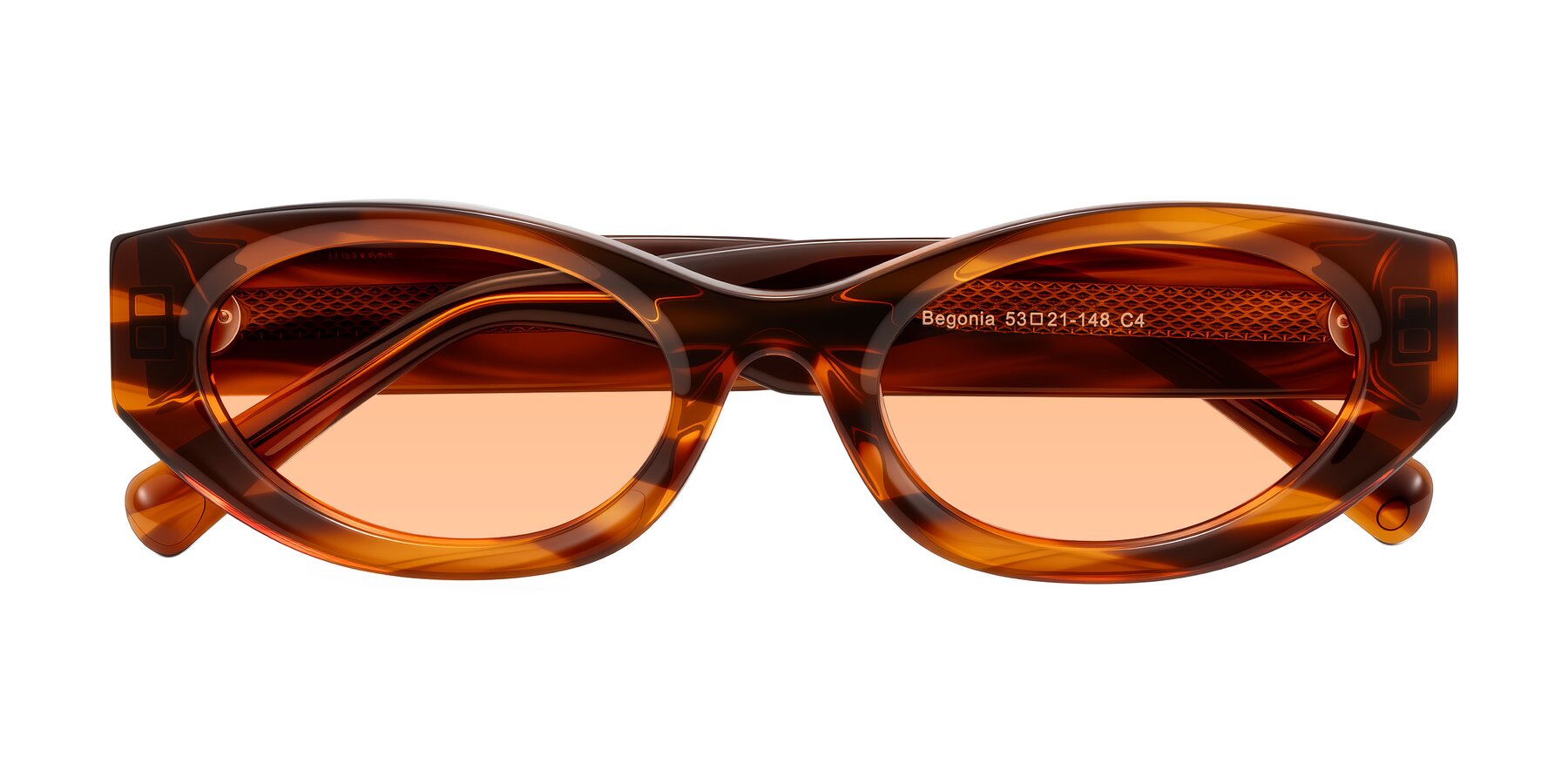 Folded Front of Begonia in Amber Striped with Light Orange Tinted Lenses