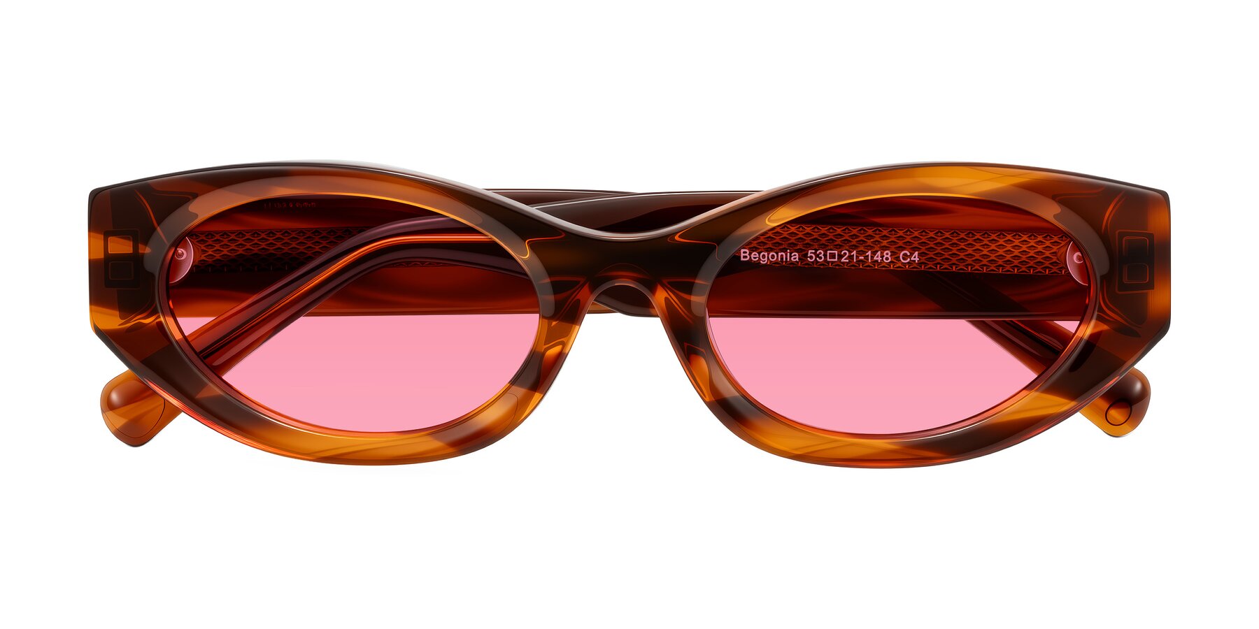Folded Front of Begonia in Amber Striped with Pink Tinted Lenses