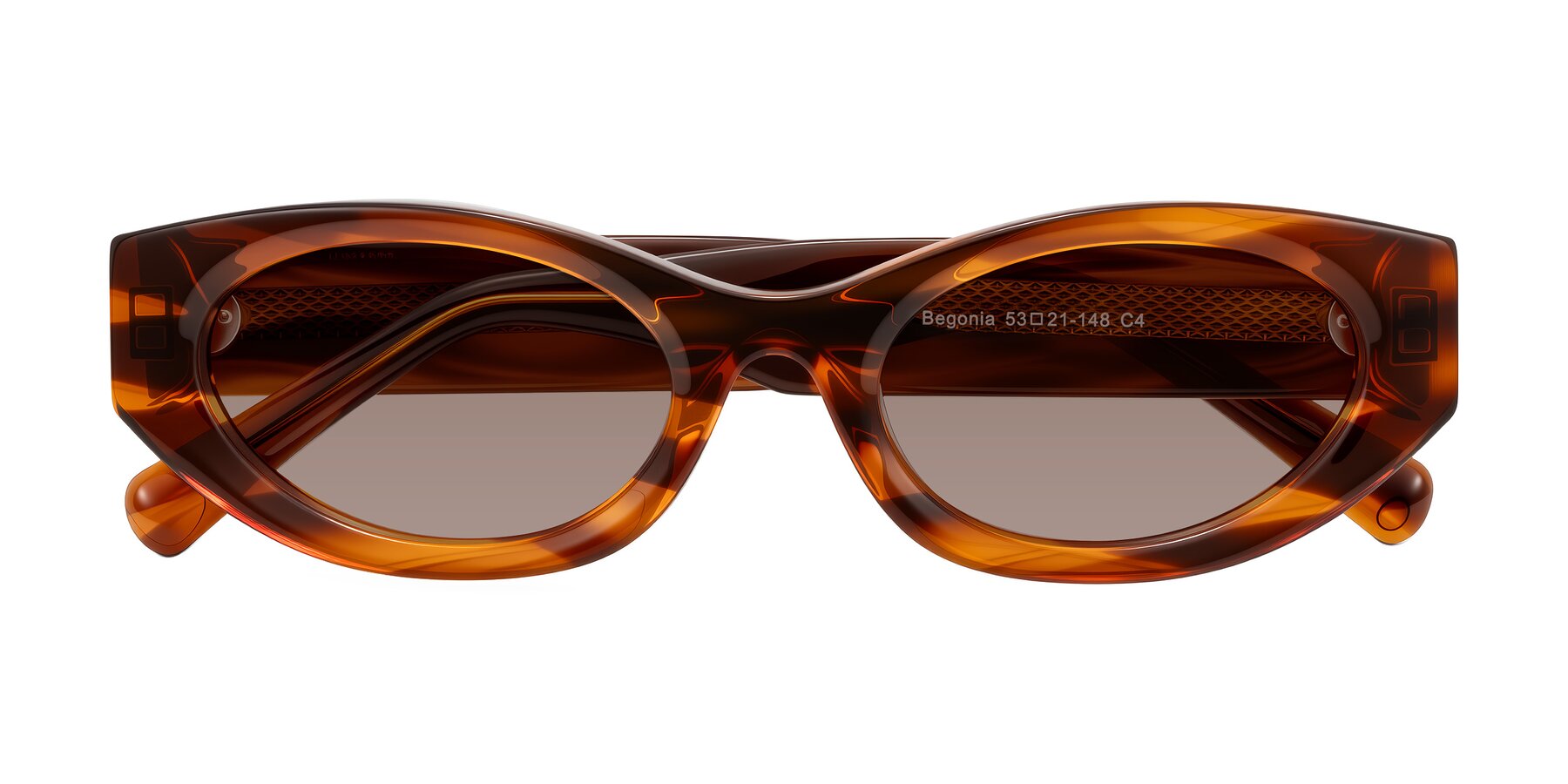 Folded Front of Begonia in Amber Striped with Medium Brown Tinted Lenses