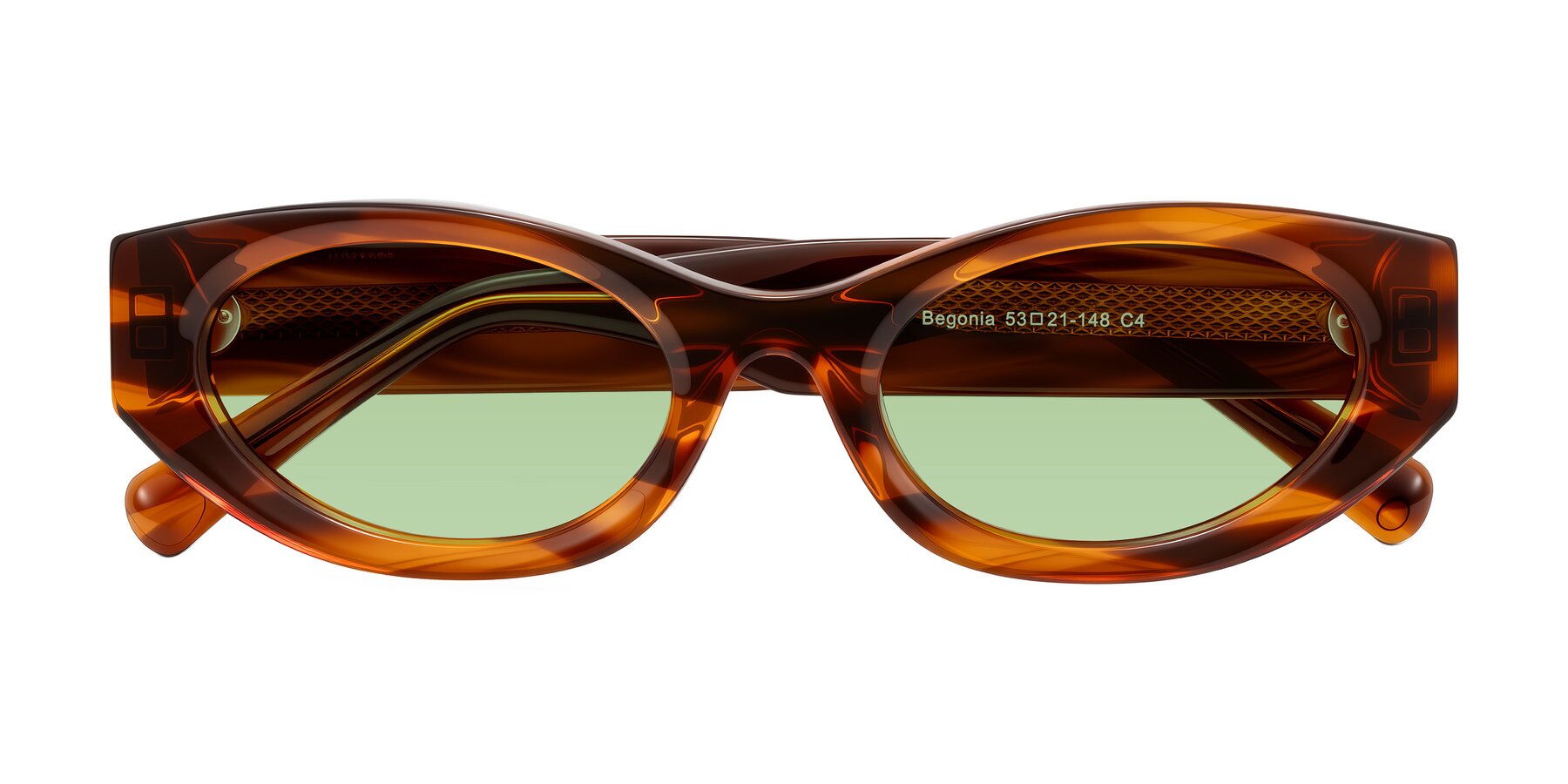 Folded Front of Begonia in Amber Striped with Medium Green Tinted Lenses