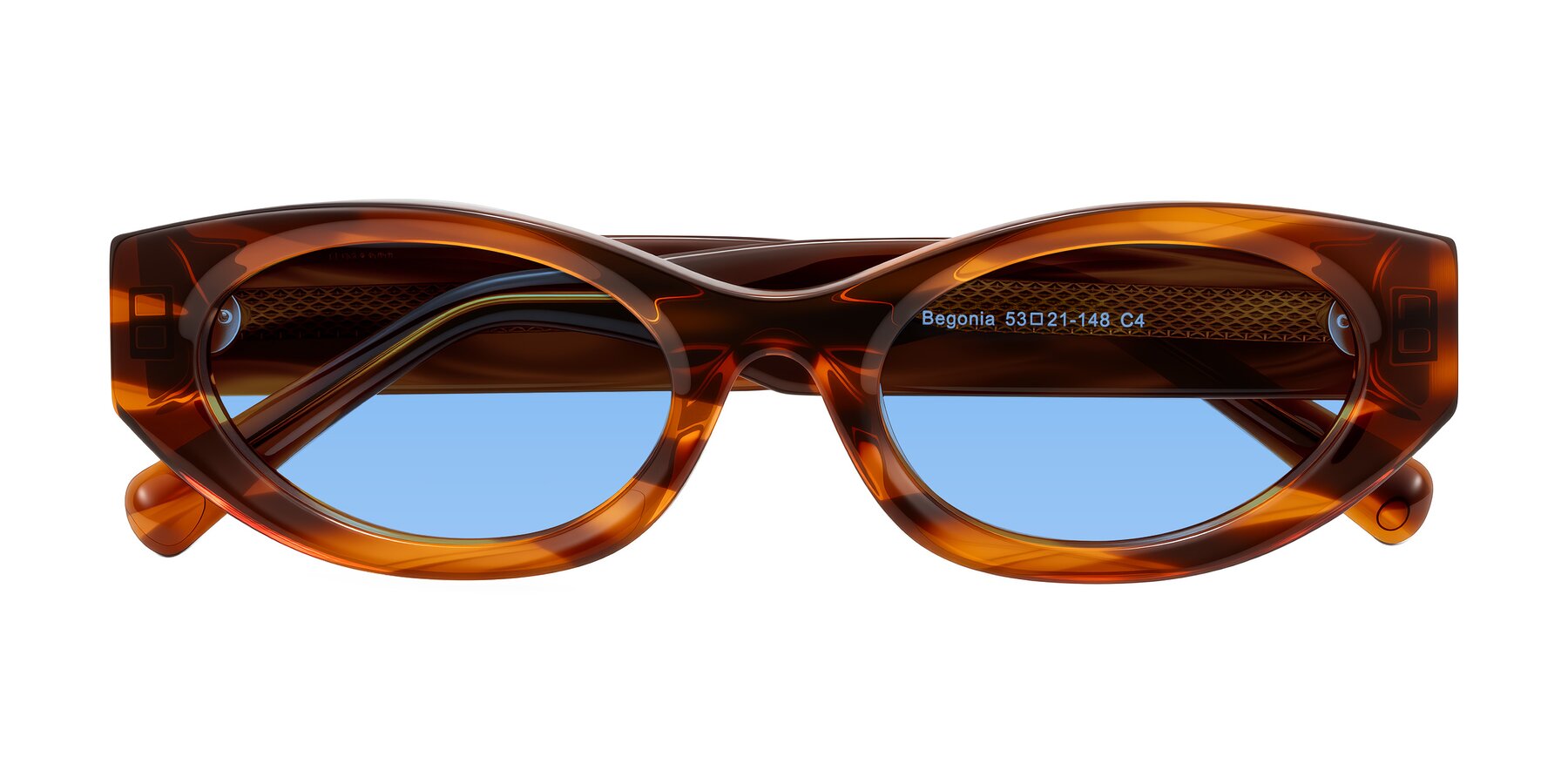 Folded Front of Begonia in Amber Striped with Medium Blue Tinted Lenses