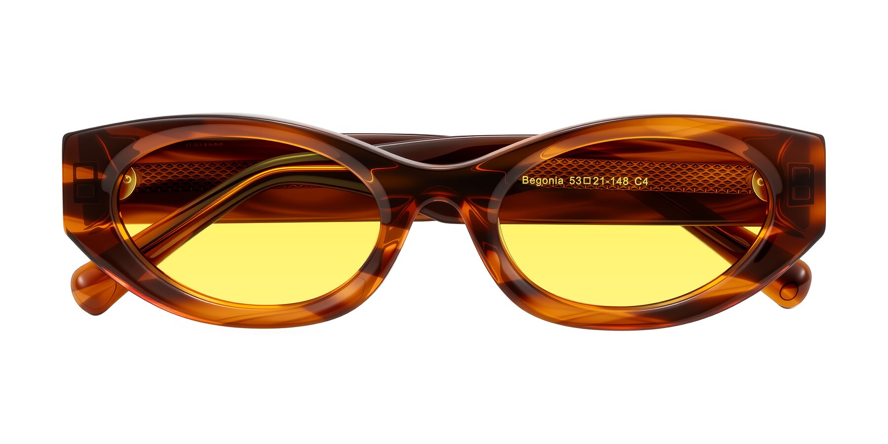 Folded Front of Begonia in Amber Striped with Medium Yellow Tinted Lenses