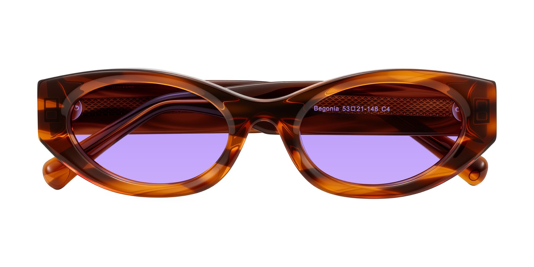 Folded Front of Begonia in Amber Striped with Medium Purple Tinted Lenses
