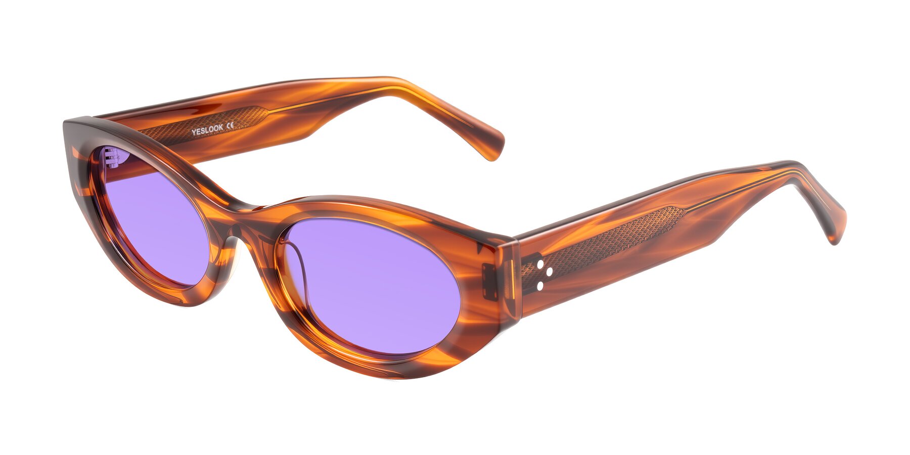 Angle of Begonia in Amber Striped with Medium Purple Tinted Lenses