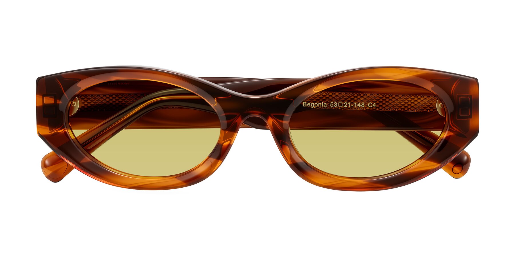 Folded Front of Begonia in Amber Striped with Medium Champagne Tinted Lenses