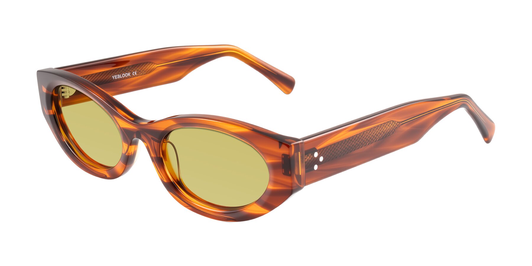 Angle of Begonia in Amber Striped with Medium Champagne Tinted Lenses
