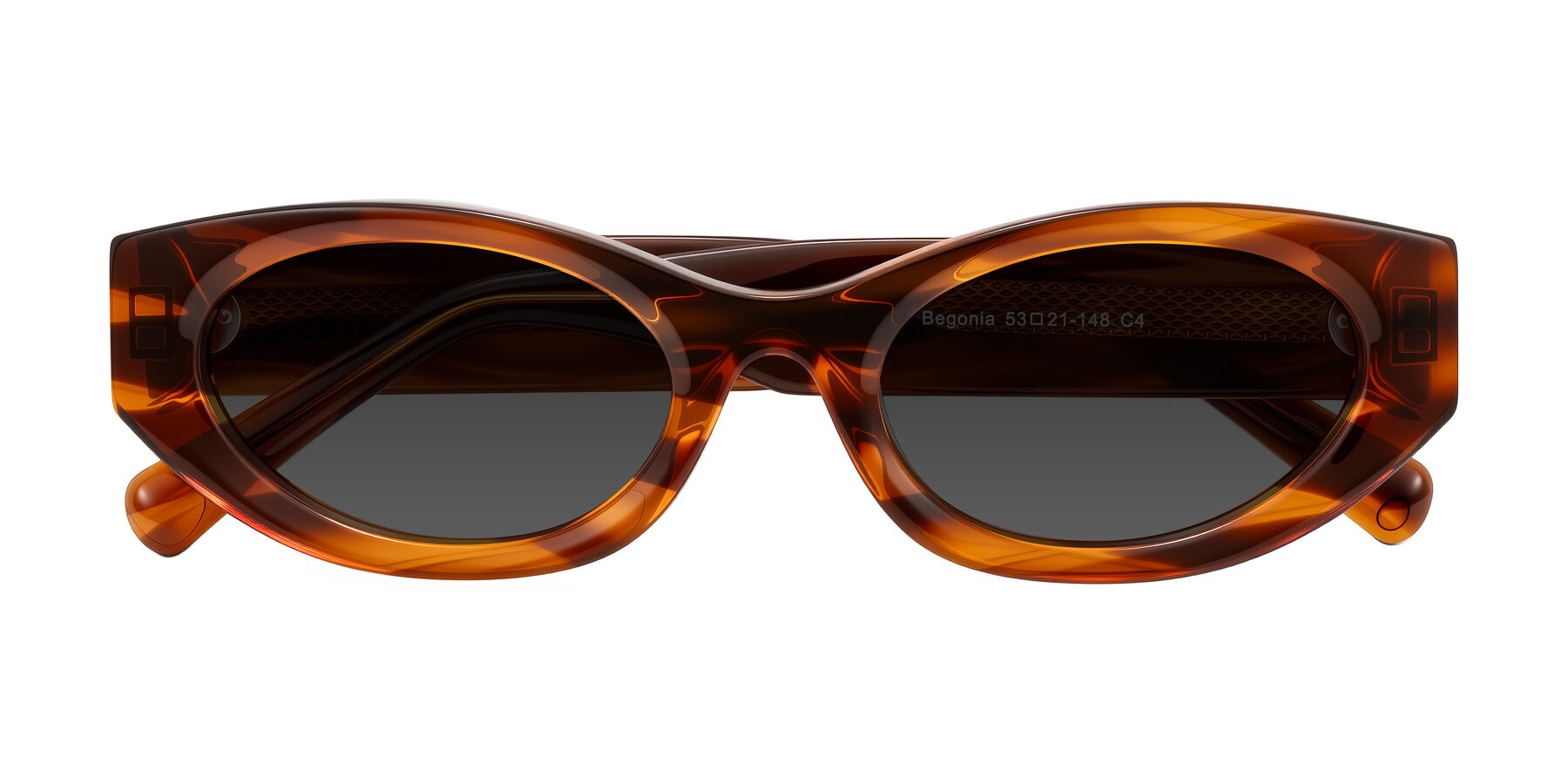Folded Front of Begonia in Amber Striped with Gray Tinted Lenses