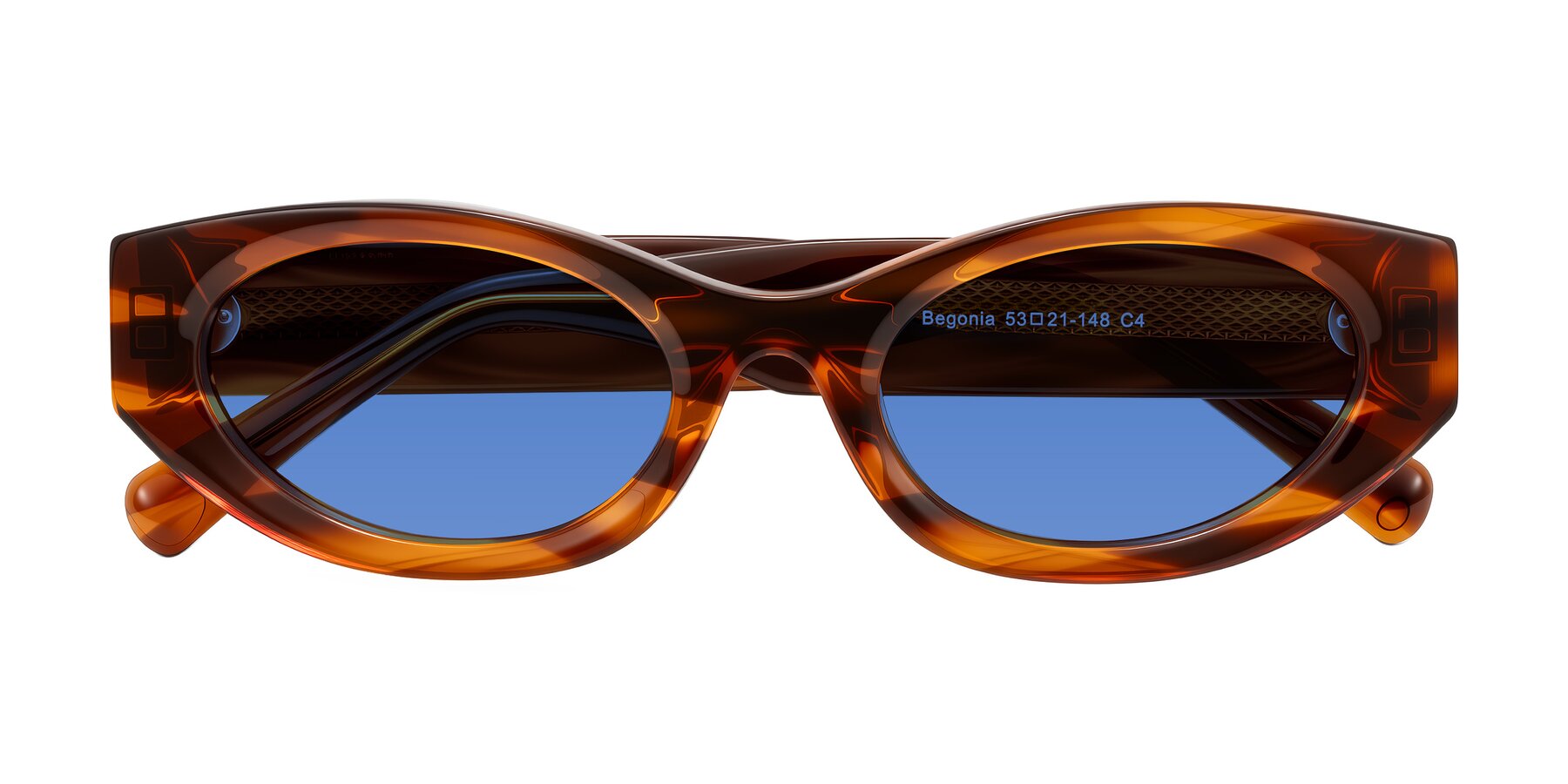 Folded Front of Begonia in Amber Striped with Blue Tinted Lenses