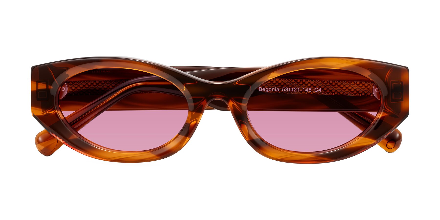 Folded Front of Begonia in Amber Striped with Medium Wine Tinted Lenses