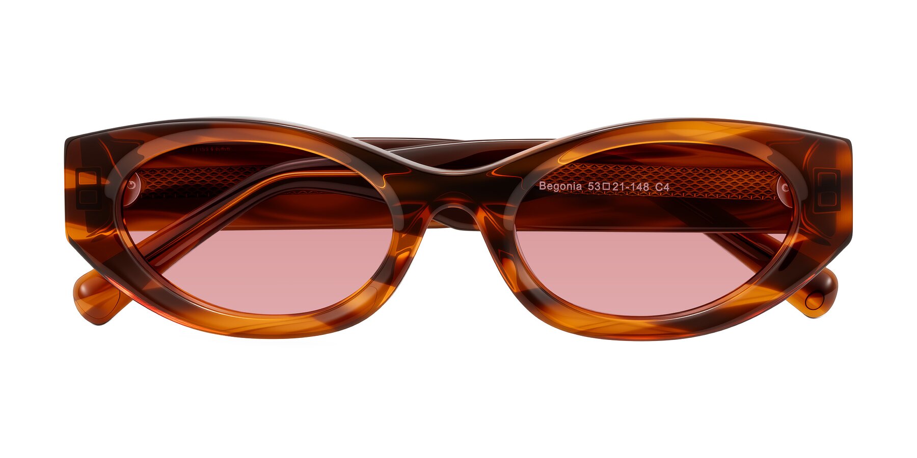 Folded Front of Begonia in Amber Striped with Medium Garnet Tinted Lenses