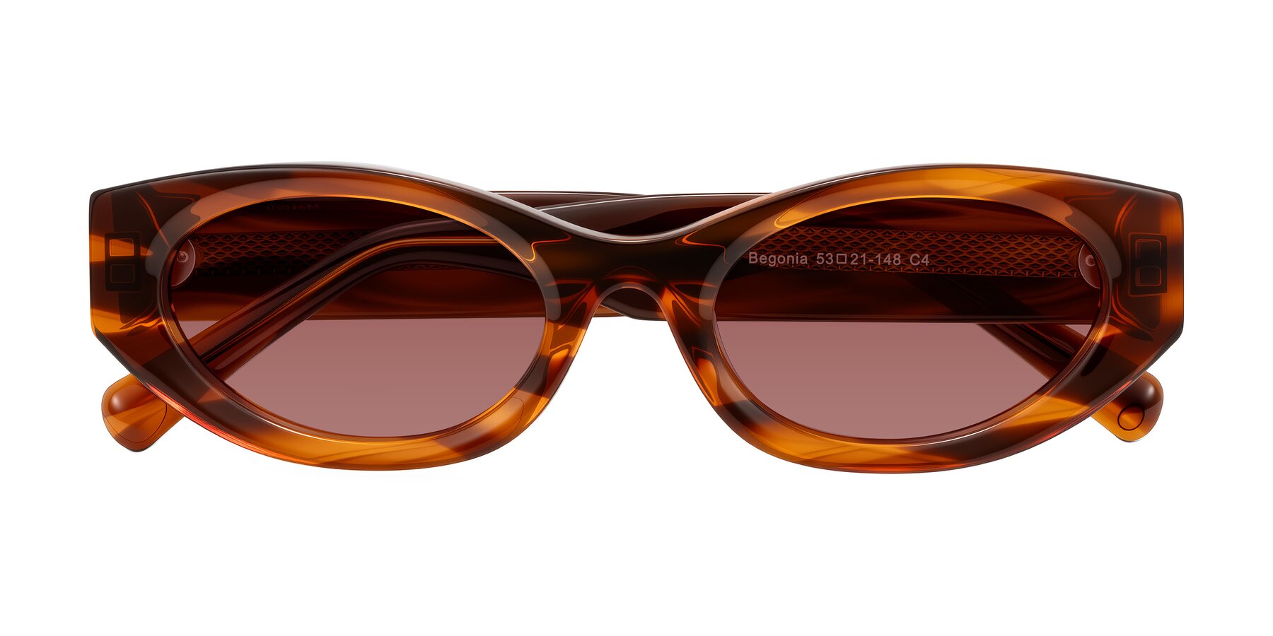 Folded Front of Begonia in Amber Striped with Garnet Tinted Lenses