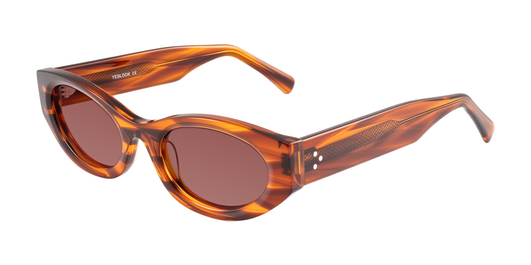 Angle of Begonia in Amber Striped with Garnet Tinted Lenses