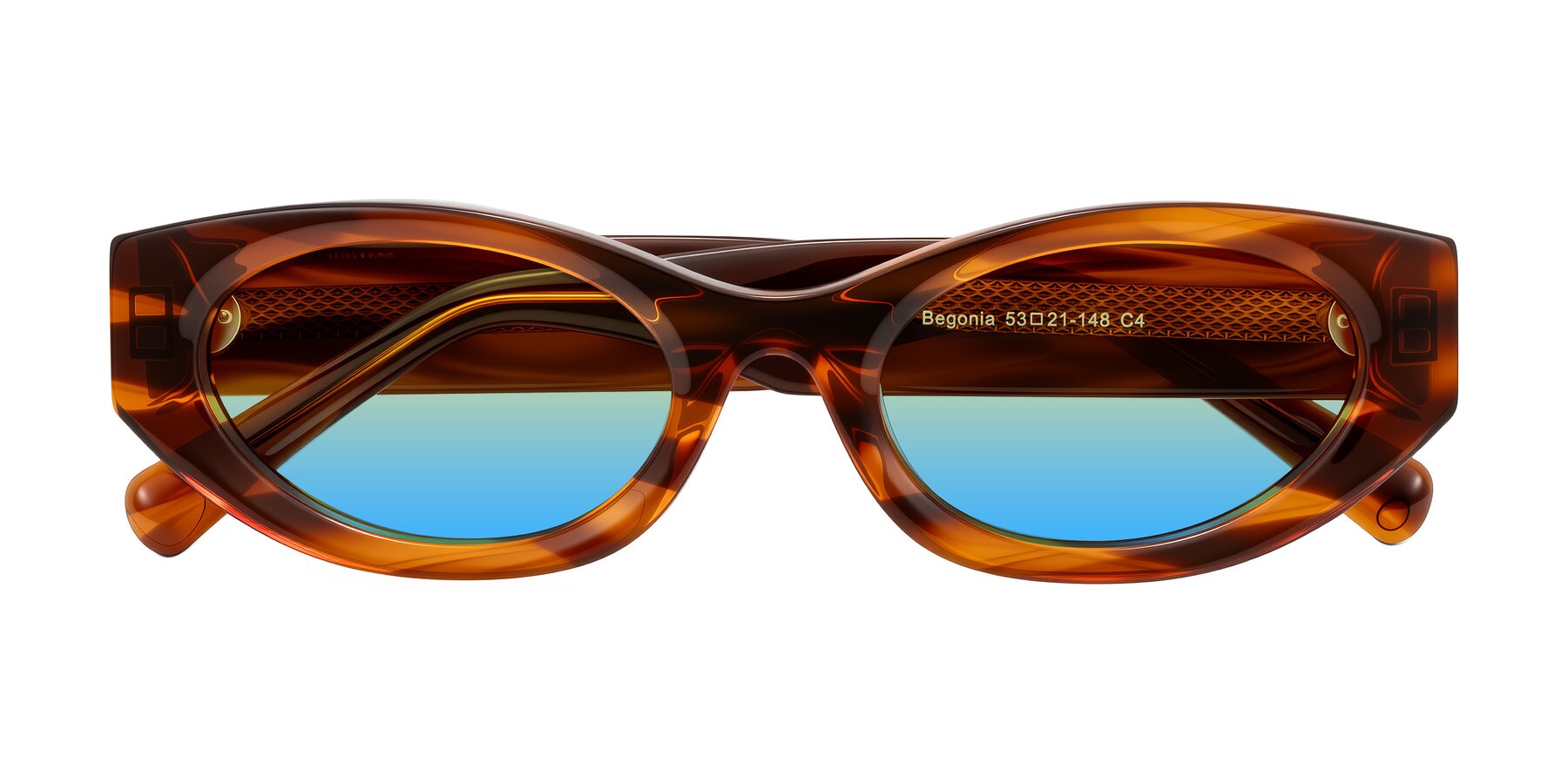 Folded Front of Begonia in Amber Striped with Yellow / Blue Gradient Lenses