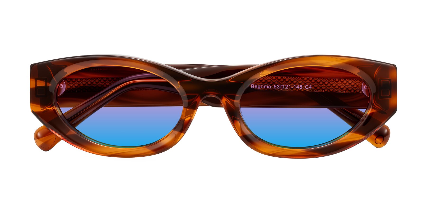 Folded Front of Begonia in Amber Striped with Pink / Blue Gradient Lenses