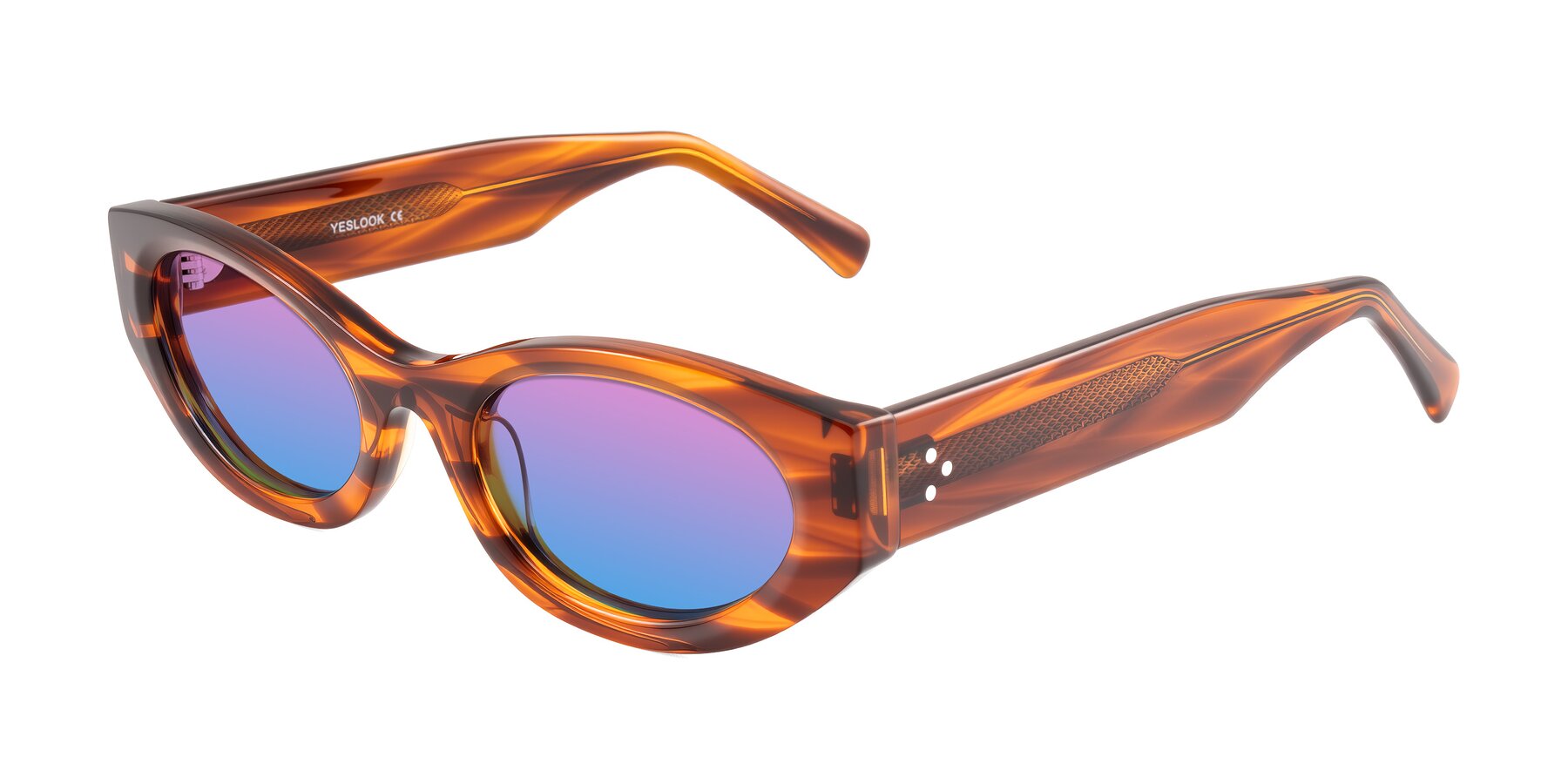 Angle of Begonia in Amber Striped with Pink / Blue Gradient Lenses