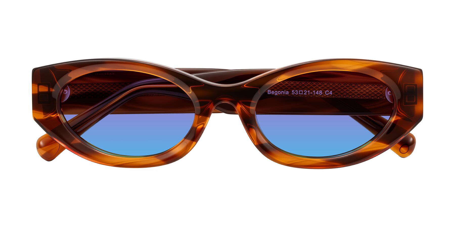 Folded Front of Begonia in Amber Striped with Purple / Blue Gradient Lenses