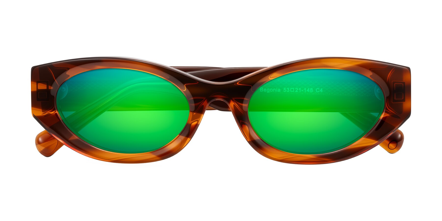 Folded Front of Begonia in Amber Striped with Green Mirrored Lenses