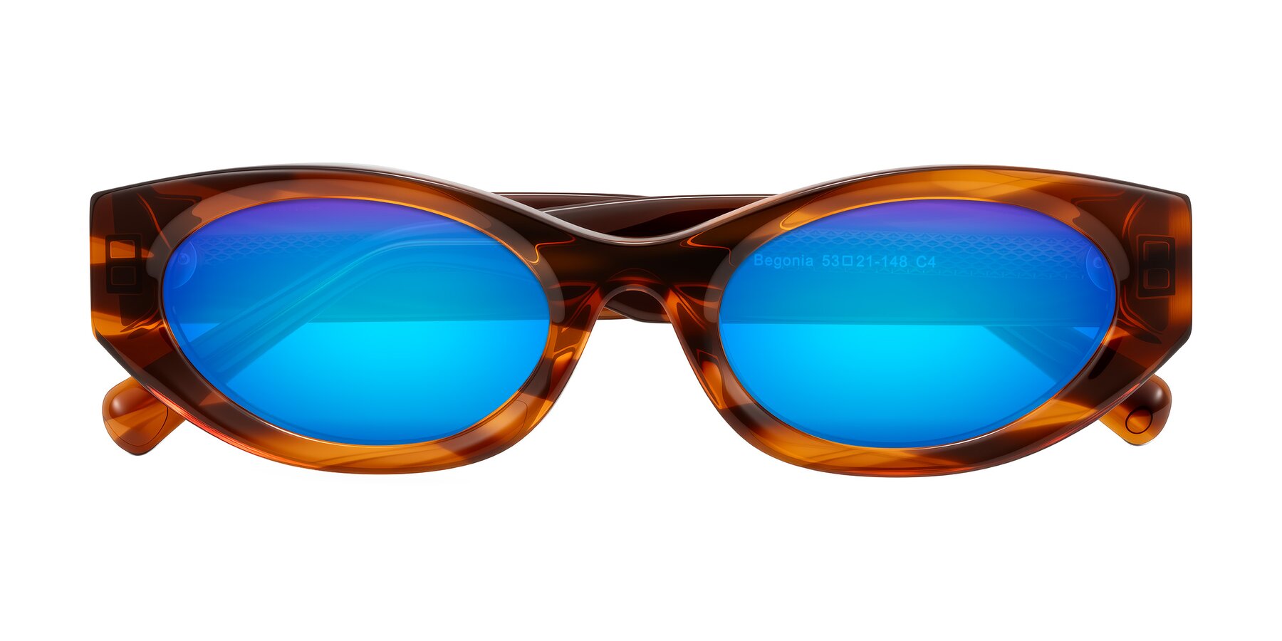 Folded Front of Begonia in Amber Striped with Blue Mirrored Lenses