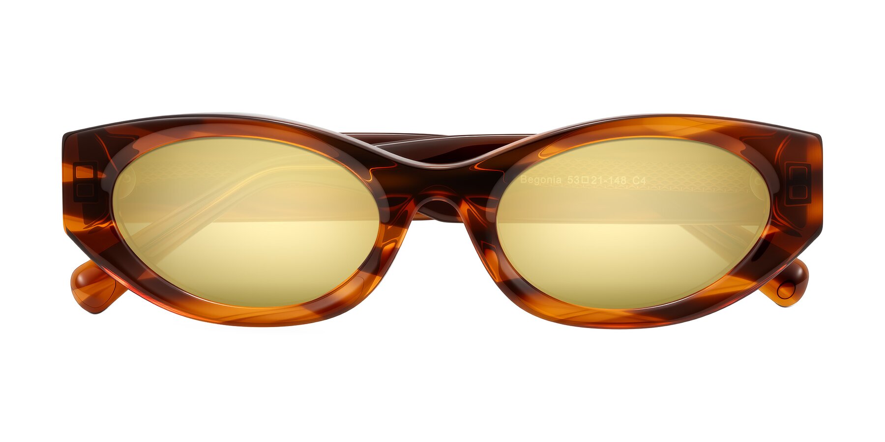Folded Front of Begonia in Amber Striped with Gold Mirrored Lenses