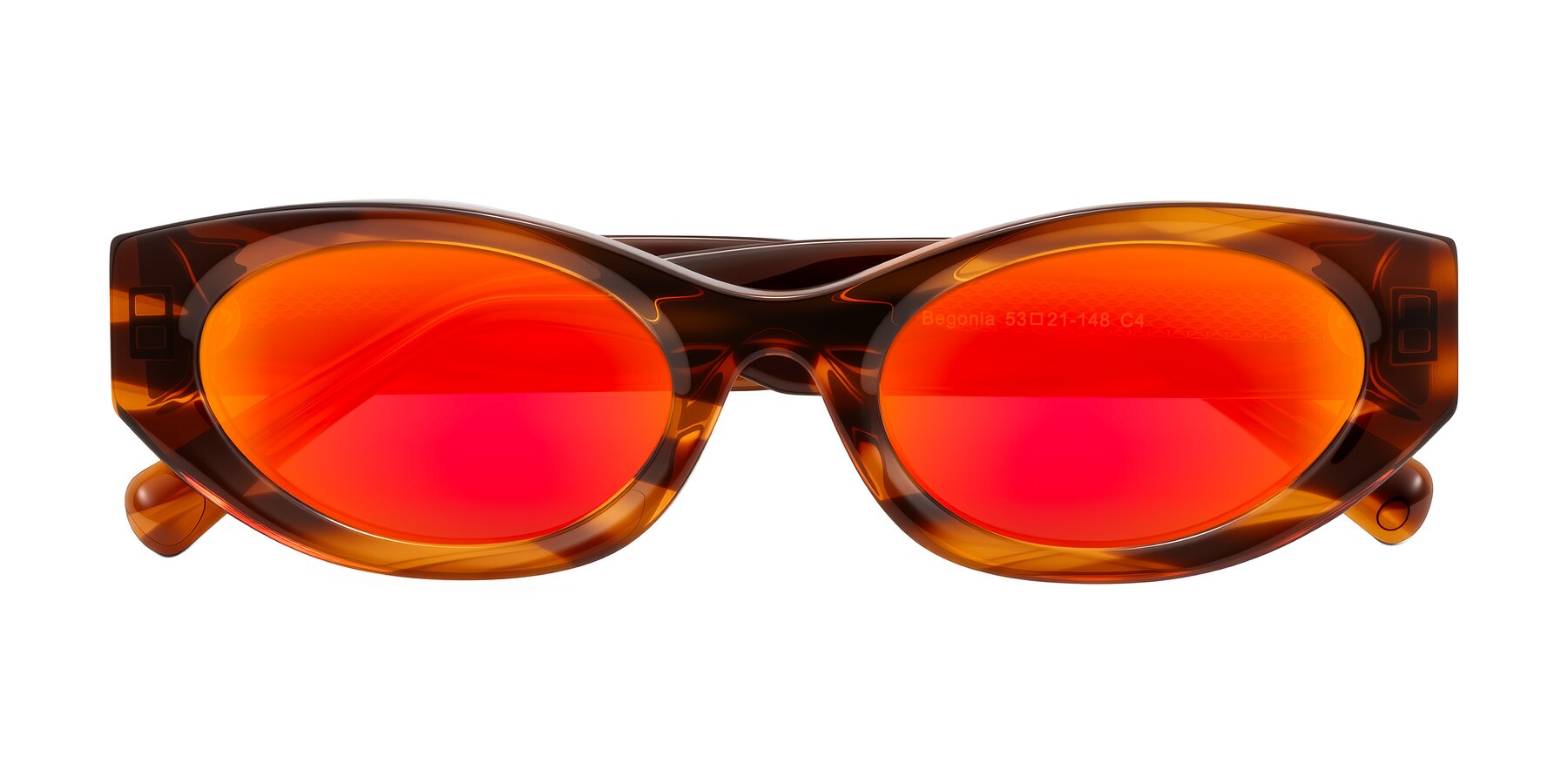Folded Front of Begonia in Amber Striped with Red Gold Mirrored Lenses