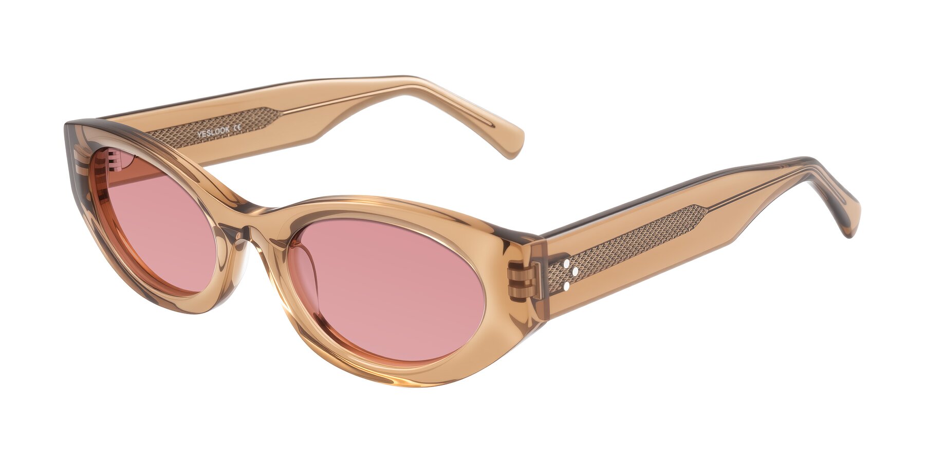 Angle of Begonia in Light Brown with Medium Garnet Tinted Lenses