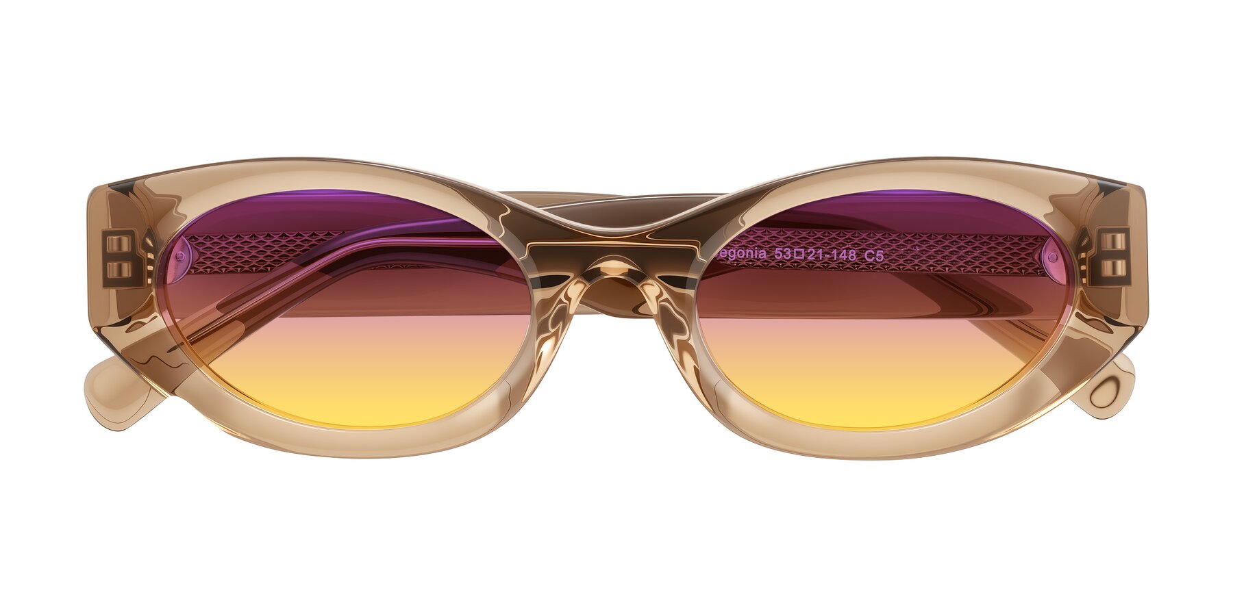 Folded Front of Begonia in Light Brown with Purple / Yellow Gradient Lenses