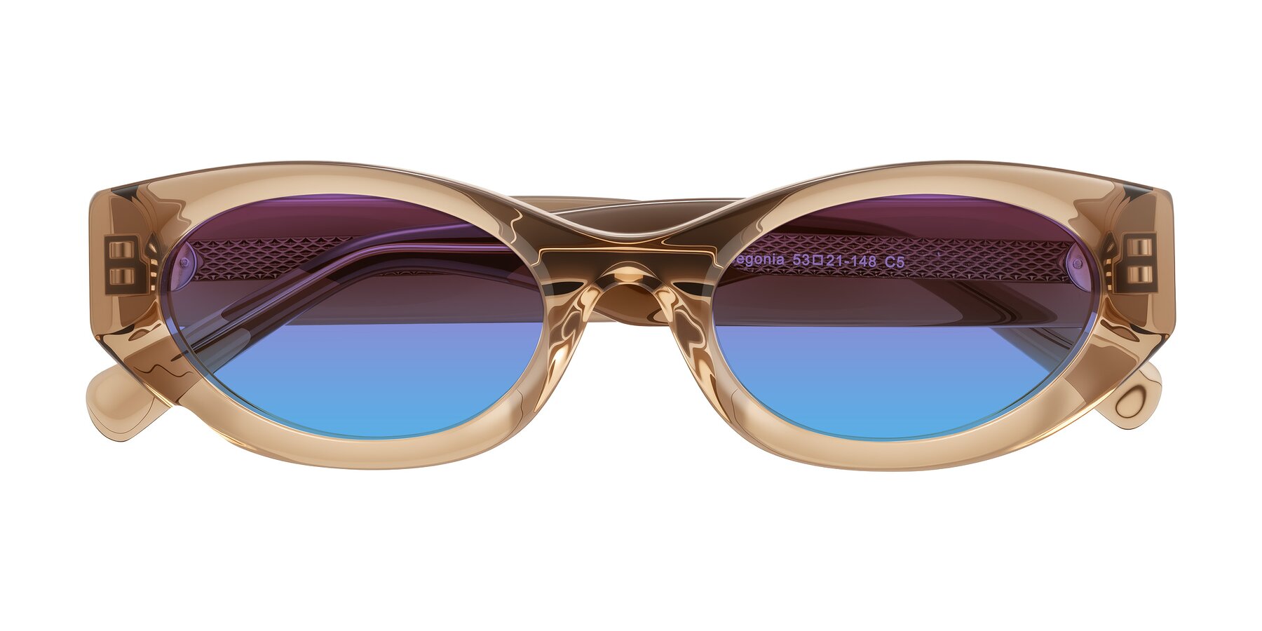 Folded Front of Begonia in Light Brown with Purple / Blue Gradient Lenses