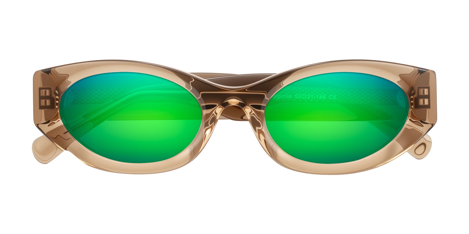 Folded Front of Begonia in Light Brown with Green Mirrored Lenses