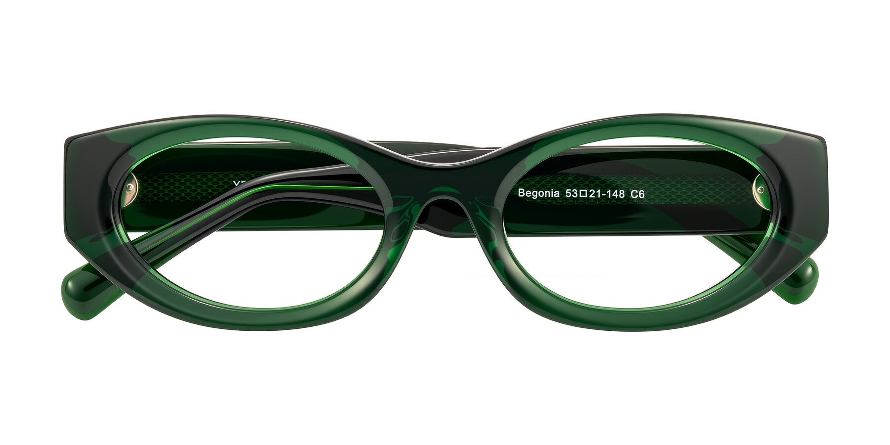 Folded Front of Begonia in Deep Crystal Green with Clear Eyeglass Lenses