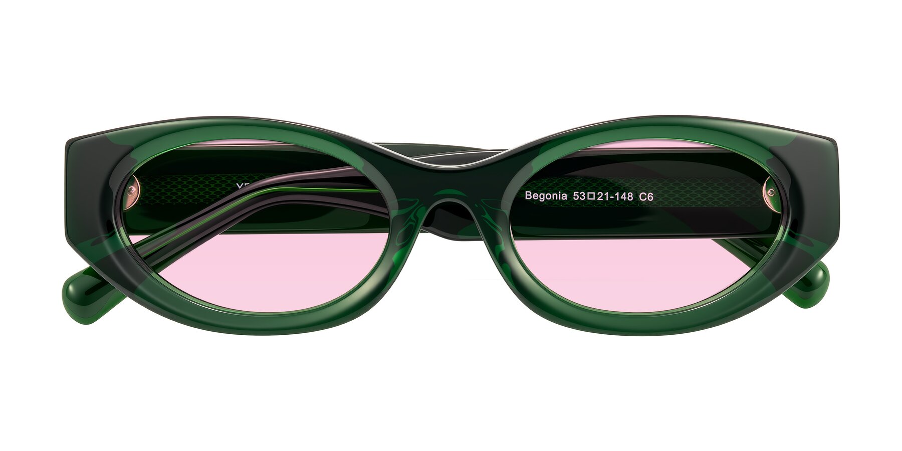 Folded Front of Begonia in Deep Crystal Green with Light Pink Tinted Lenses