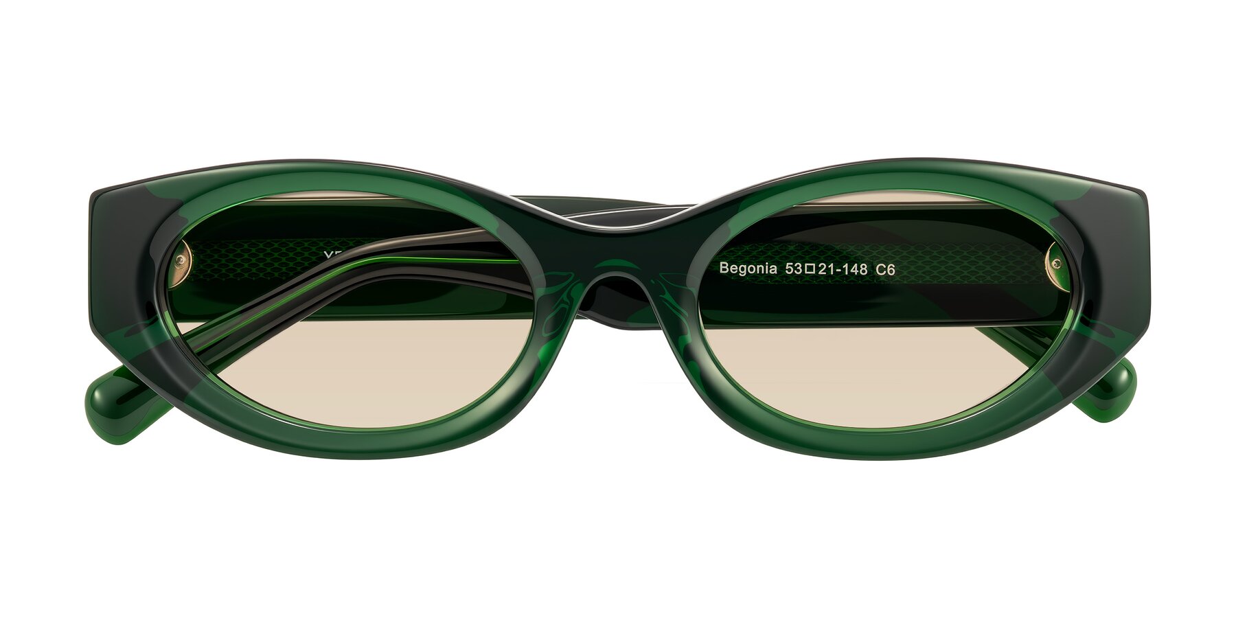 Folded Front of Begonia in Deep Crystal Green with Light Brown Tinted Lenses