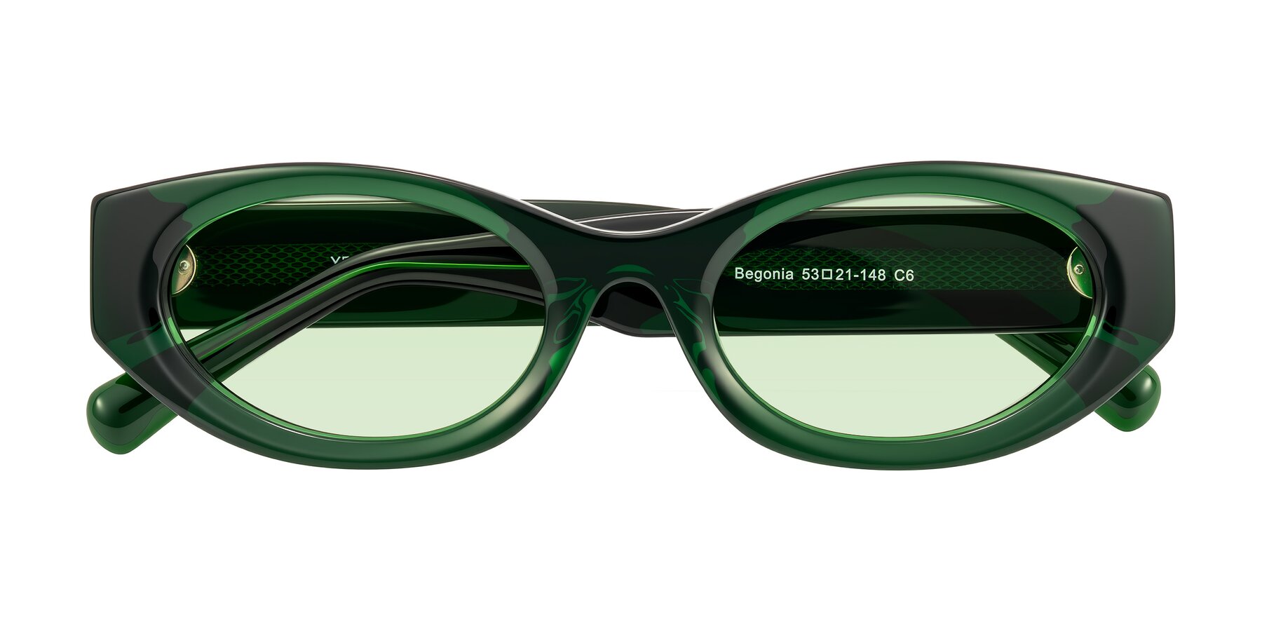 Folded Front of Begonia in Deep Crystal Green with Light Green Tinted Lenses