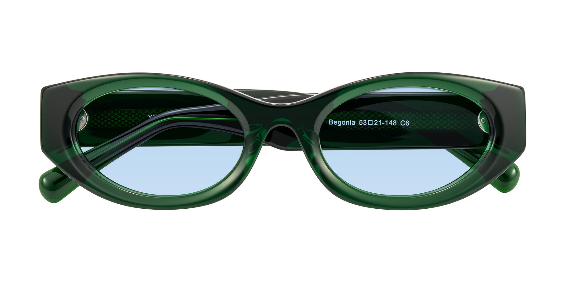 Folded Front of Begonia in Deep Crystal Green with Light Blue Tinted Lenses