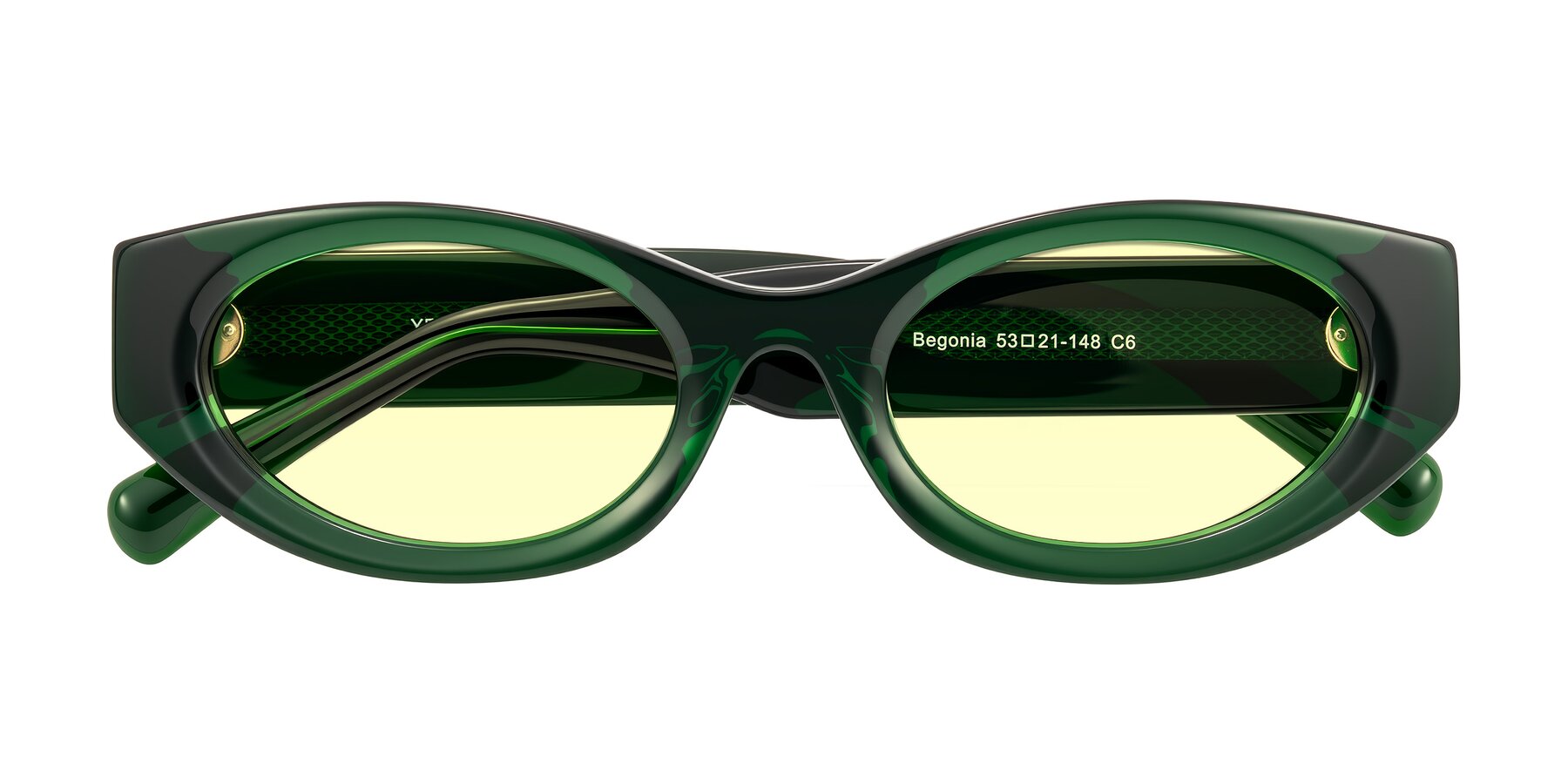 Folded Front of Begonia in Deep Crystal Green with Light Yellow Tinted Lenses