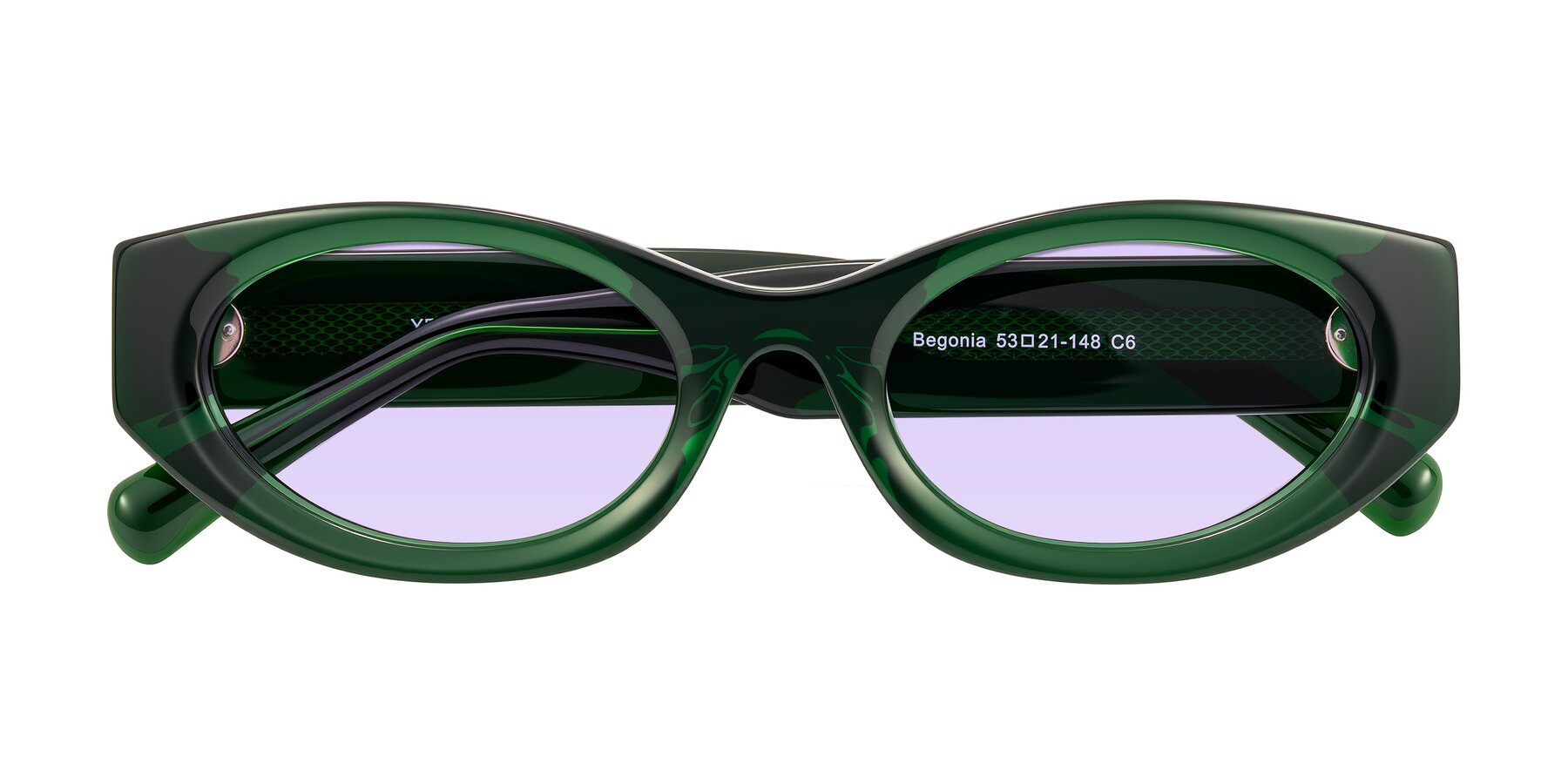 Folded Front of Begonia in Deep Crystal Green with Light Purple Tinted Lenses