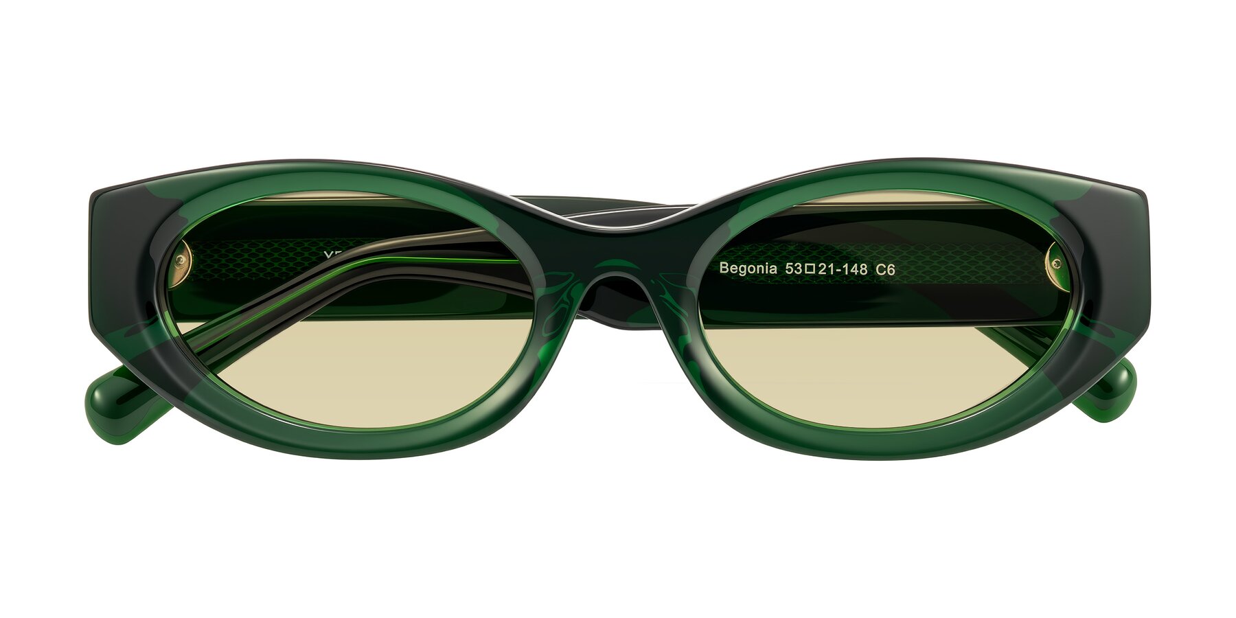 Folded Front of Begonia in Deep Crystal Green with Light Champagne Tinted Lenses