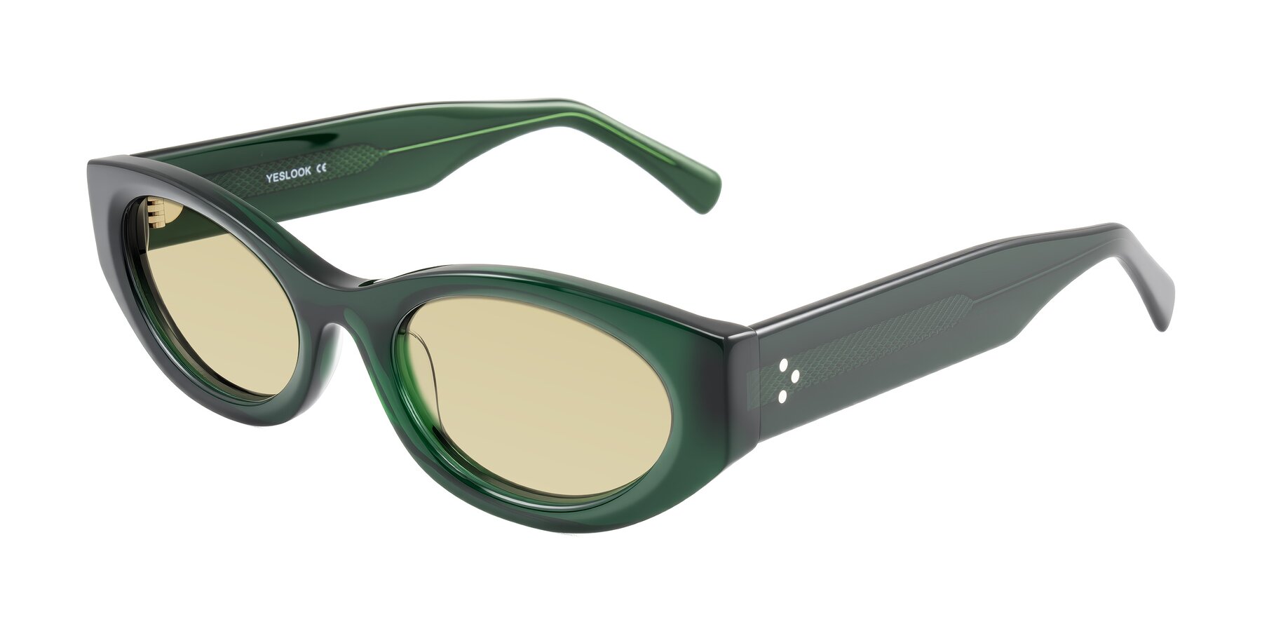 Angle of Begonia in Deep Crystal Green with Light Champagne Tinted Lenses