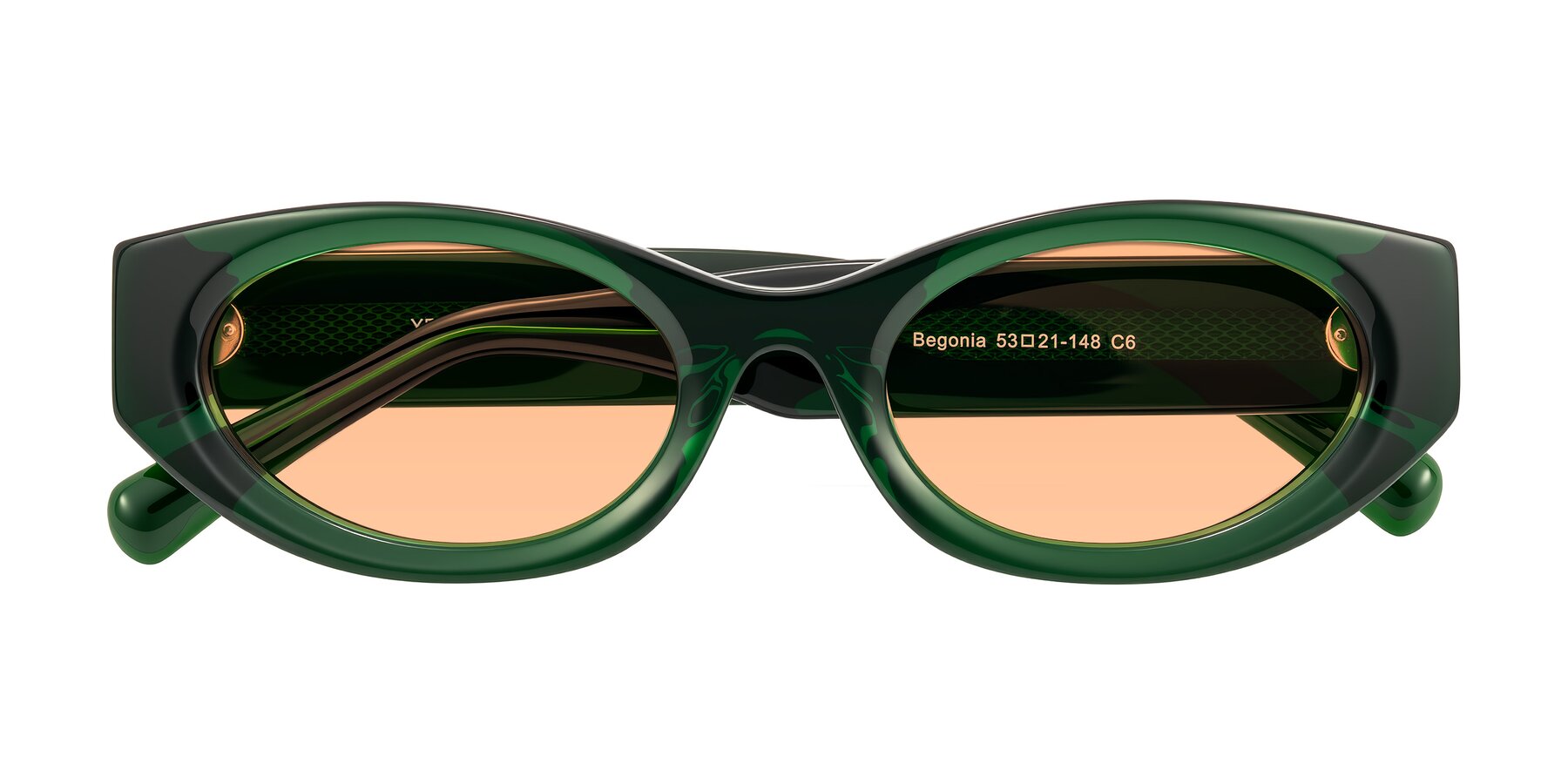 Folded Front of Begonia in Deep Crystal Green with Light Orange Tinted Lenses
