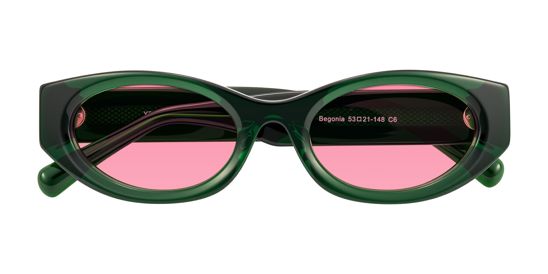 Folded Front of Begonia in Deep Crystal Green with Pink Tinted Lenses