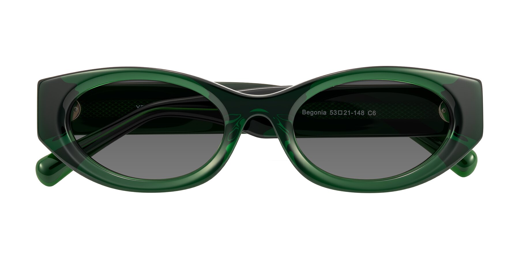 Folded Front of Begonia in Deep Crystal Green with Medium Gray Tinted Lenses