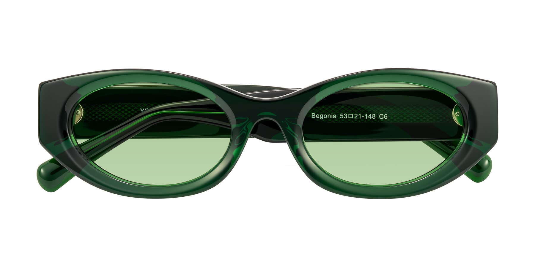 Folded Front of Begonia in Deep Crystal Green with Medium Green Tinted Lenses